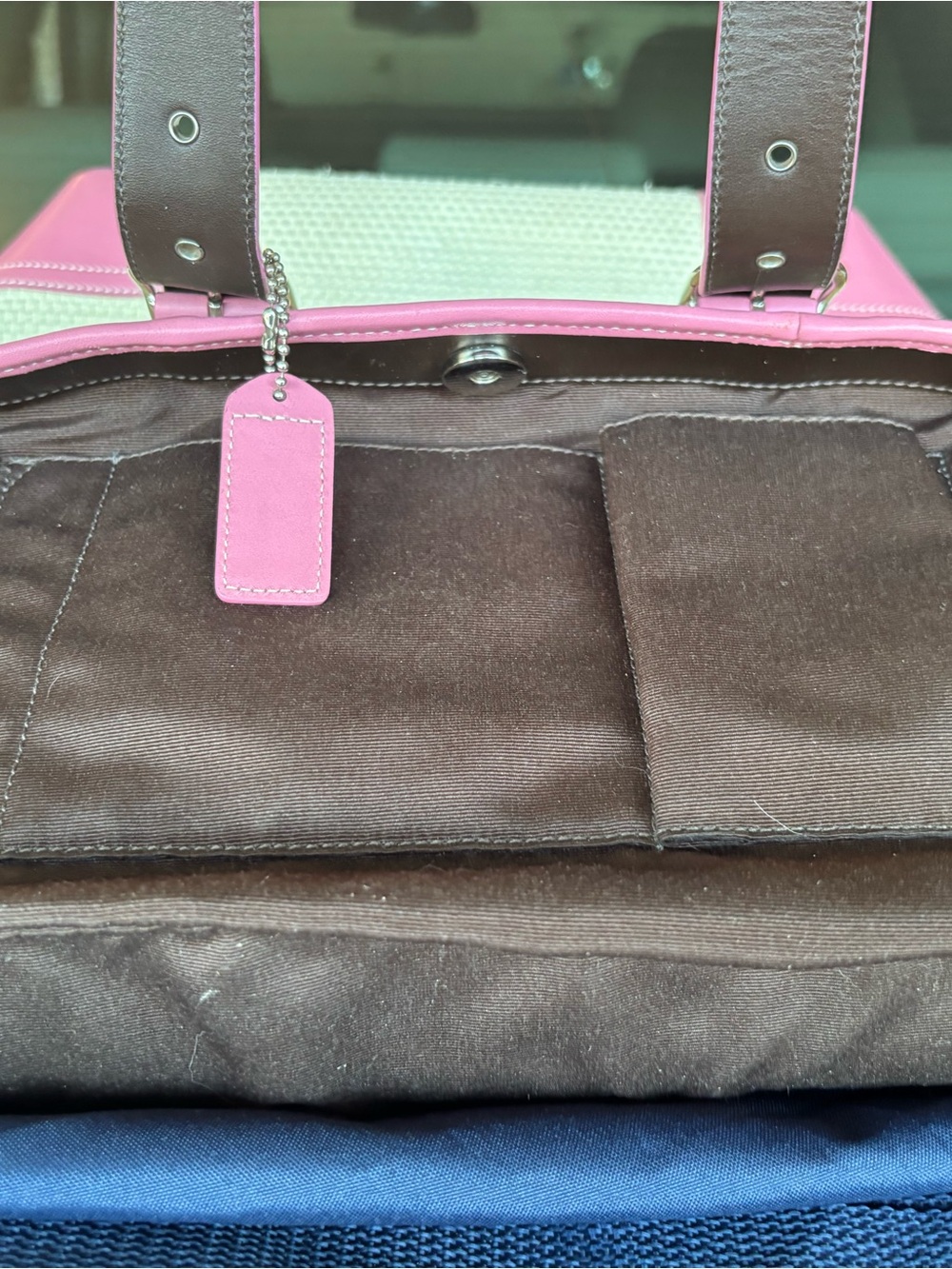 Coach Pink and White Woven Tote with Leather Trim - Picture 6 of 7